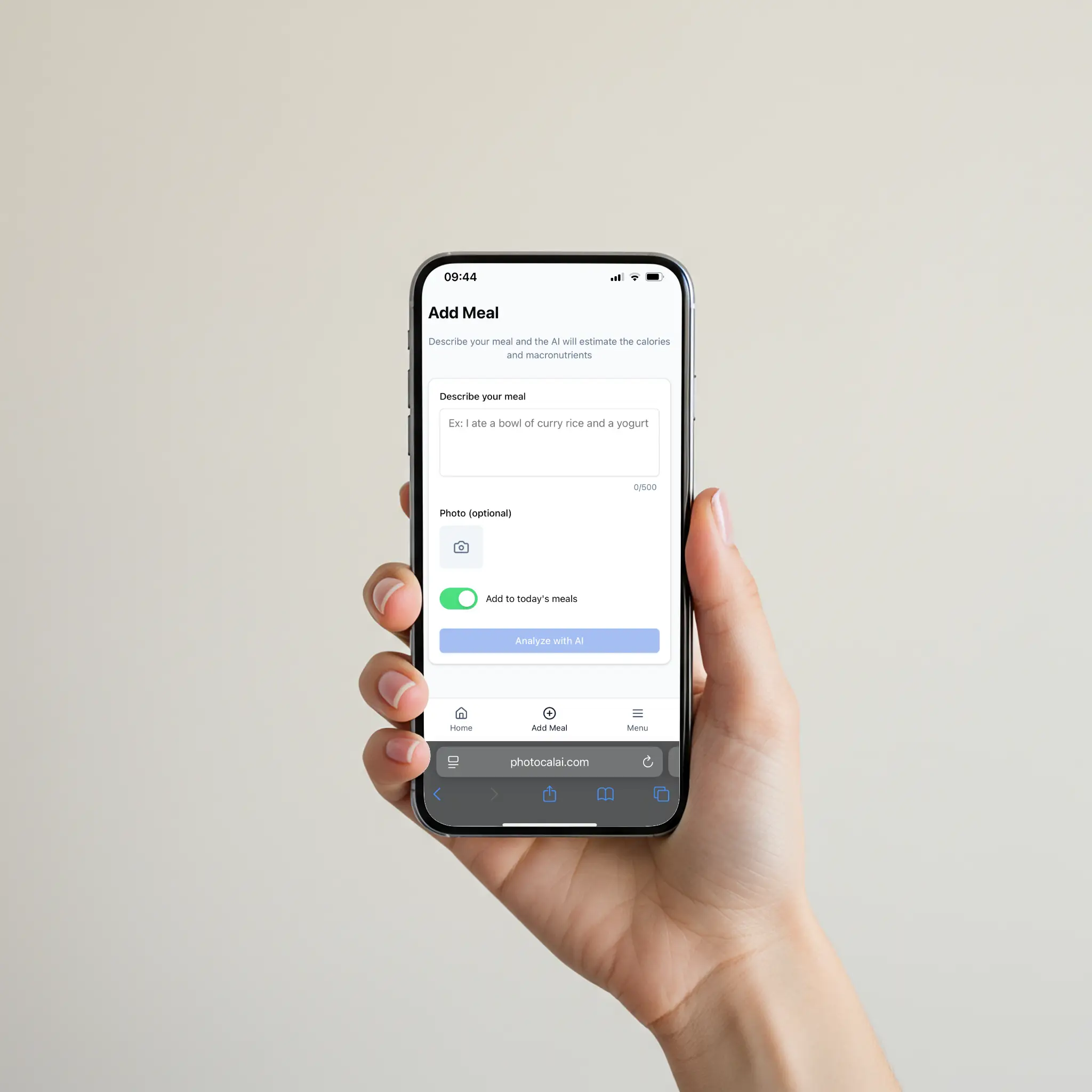 PhotoCal AI app interface showing text-based meal logging and results